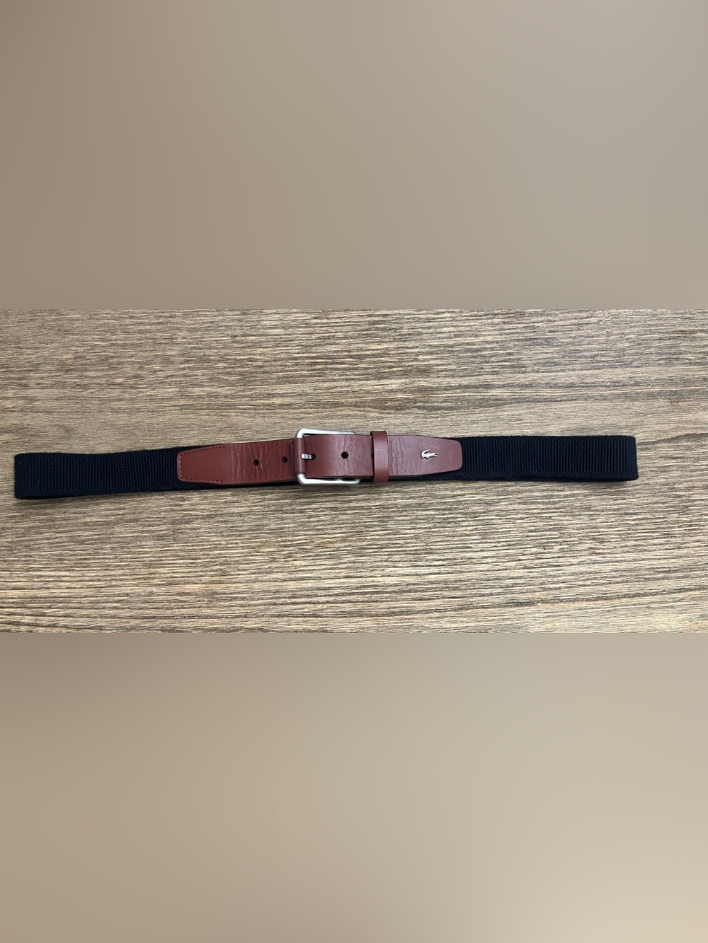 Lacoste Men’s Webbed Belt Navy Blue/Brown Adjustable Logo Metal Buckle Size L